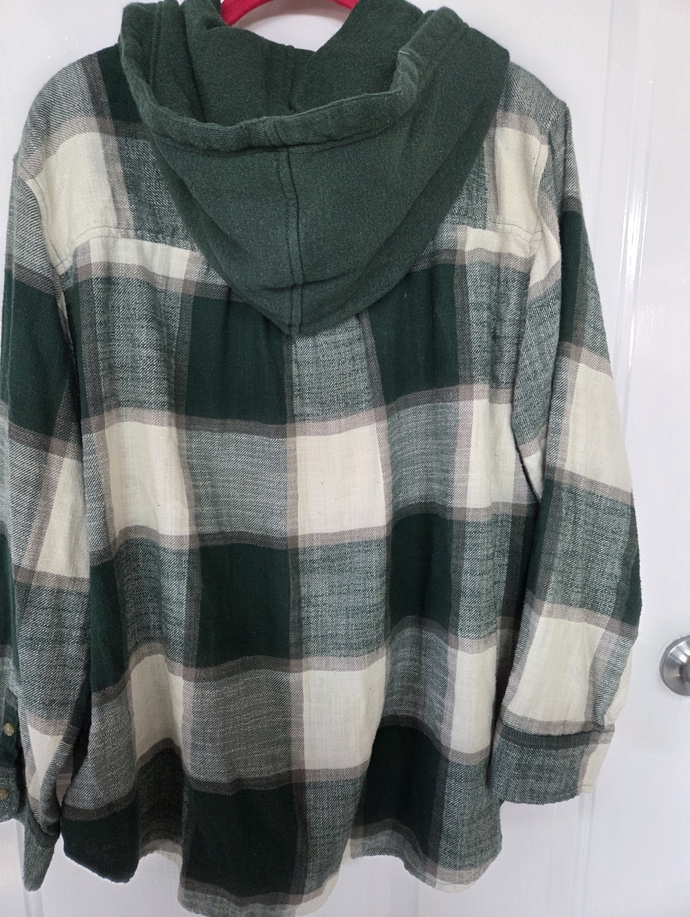 AE Green and Cream Plaid Hooded Button-Up Shirt XL - Picture 4 of 5